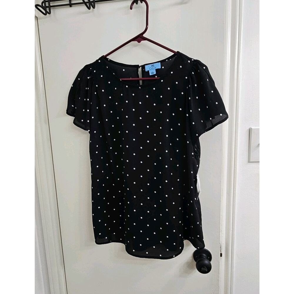 Womens CeCe Black And White Polkadot Blouse Flutter Skeeve Size Large